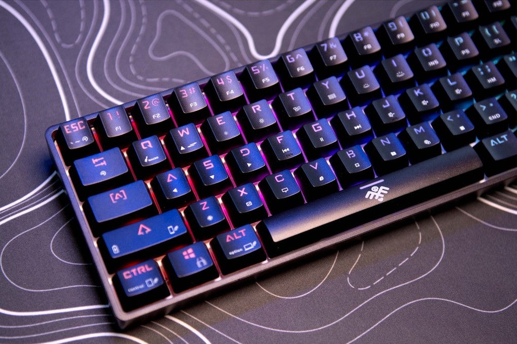 An artistic photo of the Friendly Foes Foundry FFC61 keyboard.
